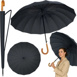 Duży automatyczny parasol z drewnianą rączką, 24 żeber, 115 cm, czarny