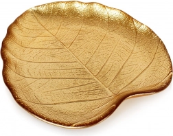 Szklany talerz do serwowania w kształcie liścia, złoty, 18 × 16 cm