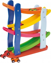 Mała drewniana wyścigowa trasa z 4 autkami