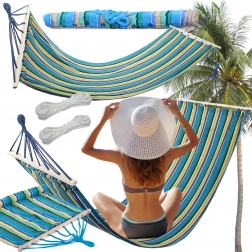 Ogrodowy hamak z drewnianą belką wzmacniającą 200 × 80 cm, w paski, udźwig 150 kg