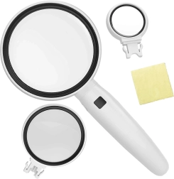 ręczna lupa z podświetleniem LED i wymiennymi soczewkami 3,5x/5x/11x