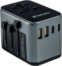 uniwersalny adapter podróżny Verbatim UTA-03 z PD 30 W i QC 3.0, 3× USB-C i 2× USB-A