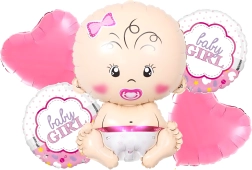 Baloniki na baby shower dla dziewczynki – zestaw 5 szt. z gwiazdkami i motywem niemowlęcia