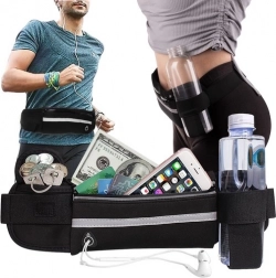 Saszetka biegowa z uchwytem na butelkę, paskiem odblaskowym i wyjściem na słuchawki – czarna