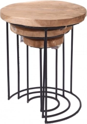 Okrągłe metalowe stoliki kawowe z drewna tekowego – zestaw 3 szt.