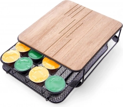 Organizer na kapsułki do kawy, metalowy czarny z drewnianym blatem