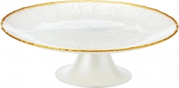 Szklana patera na tort na nóżce biała ze złotą krawędzią 21 cm