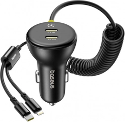 Ładowarka samochodowa BASEUS 60 W z kablem Lightning i USB‑C (czarna)