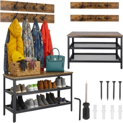 Szafka na buty z ławką i wieszakiem RUHHY 73 cm, industrialny loft, brązowy blat