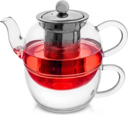 Szklany czajniczek do herbaty z kubkiem i sitkiem ze stali nierdzewnej 300 + 350 ml, zestaw 2‑częściowy
