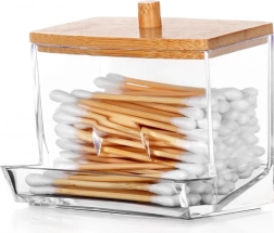 Dozownik na patyczki kosmetyczne z bambusową pokrywką 9 × 7,3 × 9 cm