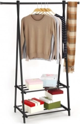 Metalowy stojak na ubrania z 2 półkami, czarny MODERNHOME