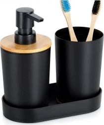 Czarny zestaw łazienkowy 3-częściowy z dozownikiem i elementami bambusowymi