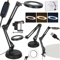 Biurkowa lampa LED z lupą i regulowanym ramieniem, 2 możliwości mocowania
