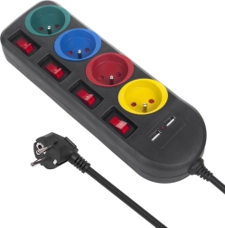 Rozgałęziacz gniazdkowy z wyłącznikami 4 gniazda + 2xUSB czarna