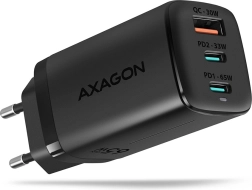 ładowarka sieciowa AXAGON GaN 65W, 3 porty (USB-A + 2× USB-C), PD 3.0/QC 4+, PPS, czarna