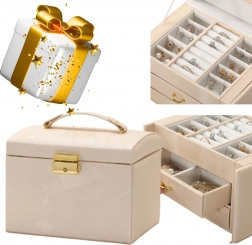 Wielopoziomowa szkatułka na biżuterię z uchwytem – złote okucia, beżowa