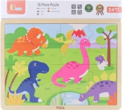VIGA drewniane puzzle z dinozaurami, 16 elementów