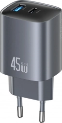 Ładowarka sieciowa GaN 45 W z USB‑C i USB‑A, srebrna