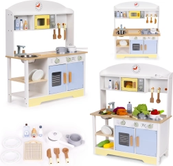 Drewniana dziecięca kuchnia z piekarnikiem, pralką i mikrofalówką ECOTOYS – 12 dodatków