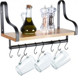 Półka ścienna z relingiem i haczykami z drewna 43 × 18 × 26 cm