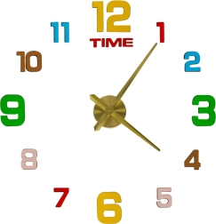 Naklejany zegar ścienny DIY 80–90 cm, złote wskazówki, kolorowe cyfry