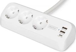 Biurkowa listwa przeciwprzepięciowa z klamrą, 3 gniazda Schuko, 2× USB‑A 12 W, 1× USB‑C 30 W, kabel 1,5 m, biała