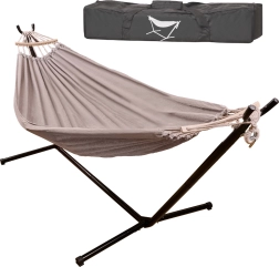 Ogrodowy hamak bujany ze stojakiem i drewnianą rozpórką