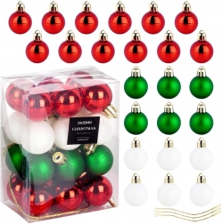 Ozdoby choinkowe, nietłukące bombki czerwone, zielone i białe 3 cm, zestaw 24 szt.