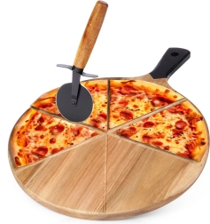 Drewniana deska do pizzy z krajalnicą 30 cm, dwustronna 2‑częściowy zestaw