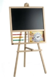 Drewniana stojąca tablica z liczydłem i zegarem