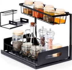 Dwupoziomowa kuchenna półka z wysuwaną szufladą, metalowa, czarna 36 × 27 × 28,5 cm