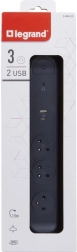 przedłużacz przeciwprzepięciowy rozdzielacz 3 gniazda z USB A/C, 1,5 m, czarny