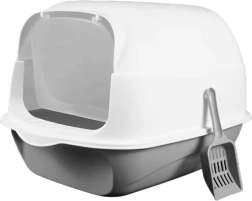 Zabudowana kocia toaleta z uchylną górną częścią i łopatką