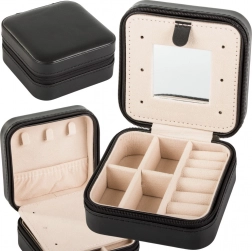 Podróżne pudełko na biżuterię z organizerem i lusterkiem, czarne, 10 × 10 × 5 cm