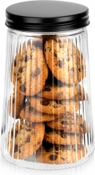 Szklany żebrowany pojemnik na sypkie produkty 1 l z czarną pokrywką