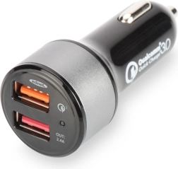 Ładowarka samochodowa z Qualcomm Quick Charge 3.0, 2× USB (3 A / 2,4 A), czarno‑srebrna