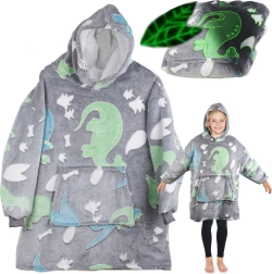 świecący dziecięcy koc z kapturem 2w1 – szary w dinozaury