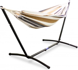 beżowo‑brązowa ogrodowa hamakowa sieć z samodzielnym stojakiem