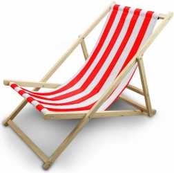 Drewniane składane leżak plażowy z regulacją – biało‑czerwone