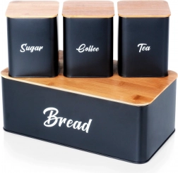 Czarny metalowy chlebak z bambusową pokrywką i zestaw pojemników na cukier, kawę i herbatę 4 szt.