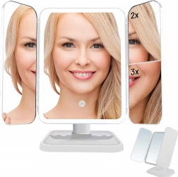 Składane lusterko kosmetyczne LED z potrójnym panelem i 3-krotnym powiększeniem