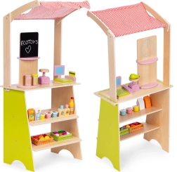 Drewniany dziecięcy stragan z terminalem i wagą ECOTOYS, 20 elementów