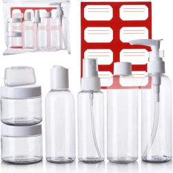 Podróżne buteleczki i pojemniki na kosmetyki do samolotu w etui, zestaw 8‑częściowy