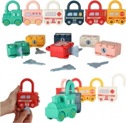Montessori zestaw zamykanych autek z kluczykami – pociąg i pojazdy, 13 elementów