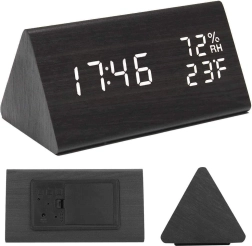 Elektroniczny drewniany budzik z termometrem i higrometrem