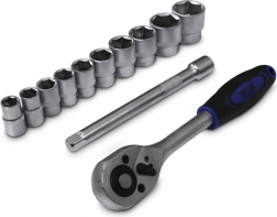 Grzechotka 3/8" z przedłużką 150 mm i 10 nasadkami sześciokątnymi, zestaw 12-częściowy