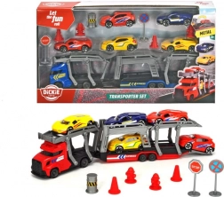 Zestaw lawety ciężarowej z autkami i znakami drogowymi