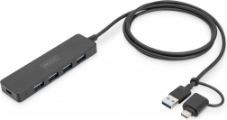 Hub USB 3.0 4-portowy SlimLine z adapterem USB-C 1,2m 5Gbps, złącze zasilania USB-C
