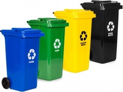 zestaw 4 zewnętrznych koszy na odpady 4×120 l z gumowymi kołami – papier, szkło, plastik/metal i zmieszane